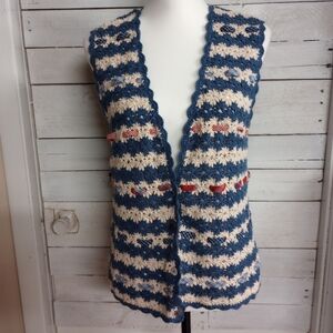 Vintage 1990s Y2K Crochet Vest Blue Cream Stripes Boho Hippie Retro